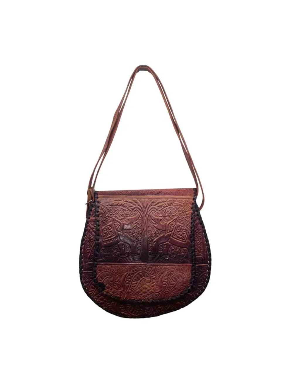 Women’s Brown Elephant & Tree Embossed Leather Shoulder Saddle Bag